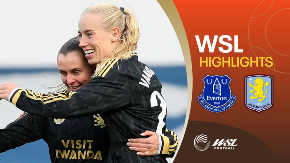 Amalie Vangsgaard celebrates after scoring for Aston Villa in a Women’s Super League match against Everton at Goodison Park