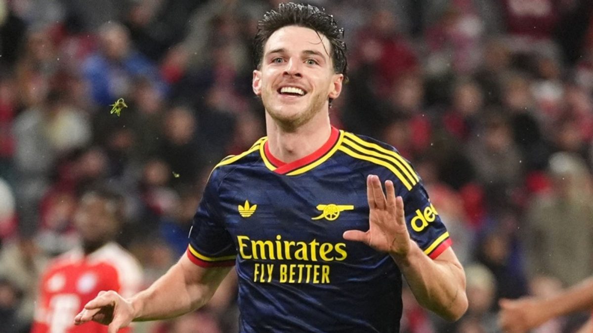 Declan Rice celebrating after scoring for Arsenal against Bayern Munich at the Allianz Arena