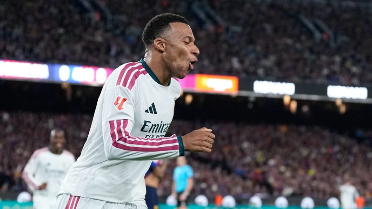 Kylian Mbappé celebrating after scoring a goal for Real Madrid